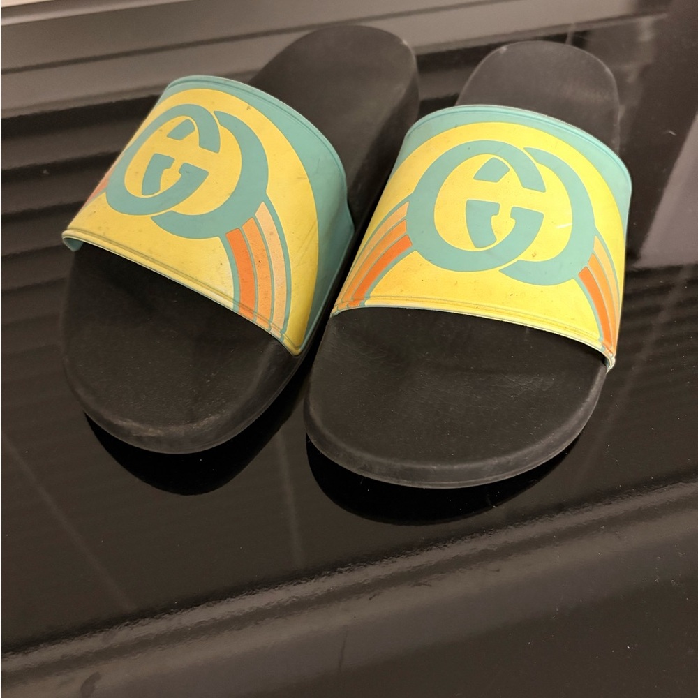 Gucci Black Slides with Green and Yellow Accents